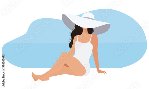  A woman in a swimsuit and hat sits on the seashore.