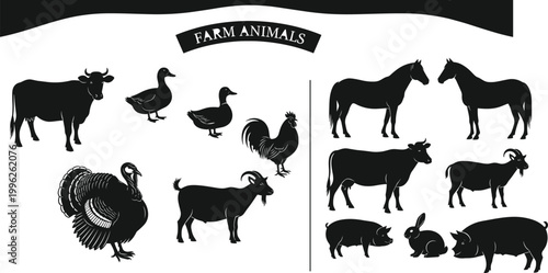 Farm animal silhouettes collection, livestock vector set, cow horse pig chicken goat duck icons, rural agriculture illustration, black isolated design elements