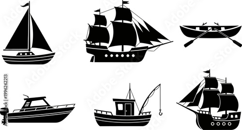 Collection of various boat and ship silhouettes on white background  sailboats and motorboats