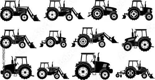 Tractors in various designs and poses on white background  agricultural machinery