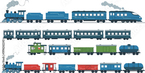 colorful train cars and locomotives in various configurations on white background