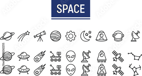 Space exploration icon set featuring planets rockets satellites astronauts aliens and astronomy elements outline vector collection