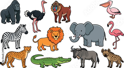 Cartoon vector illustration of assorted colorful African animals including gorilla, ostrich, zebra, lion, elephant, and crocodile