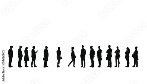 Professionals stand in a long line to wait for their turn during a busy morning at the office space.