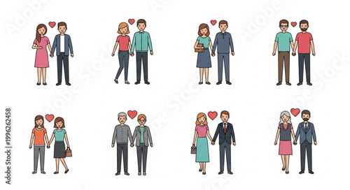 Diverse Couples Holding Hands with Hearts Above Them.