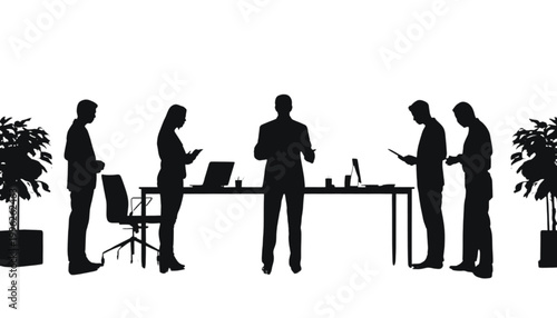 Professionals gather around a long desk to conduct a meeting in a bright and minimalist office setting.