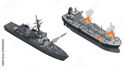 vector isometric of a warship shooting an enemy ship 001