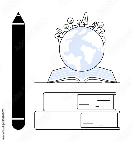 Education, sustainability, knowledge sharing, environmental growth, global awareness, learning tools. ion of books, globe and pencil with plant growth. Education and sustainability concept