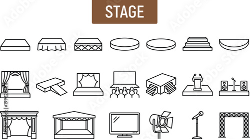 Stage performance icon set featuring theater platforms lighting equipment audience setup and live event production outline vector collection