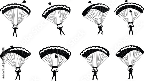 Parachute skydiving silhouettes set, parachutist landing positions collection, extreme sport canopy descent vector, airborne adventure figures isolated on white background