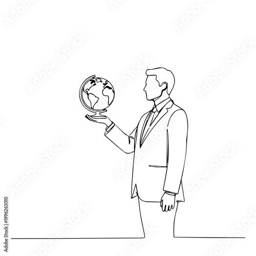 Continuous one line drawing of a man standing and holding a globe. Geography teacher or global business concept. Minimalist vector illustration