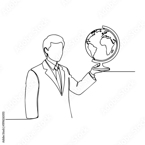Continuous one line drawing of a teacher holding a globe. Geography professor or businessman with earth model. Minimalist vector illustration