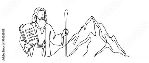 Moses holding the Ten Commandments and staff on Mount Sinai. Continuous one line drawing vector illustration