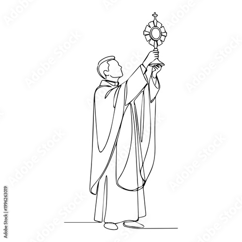 Vertical illustration of a priest holding a monstrance. Catholic eucharistic adoration concept. Minimalist continuous line vector graphic