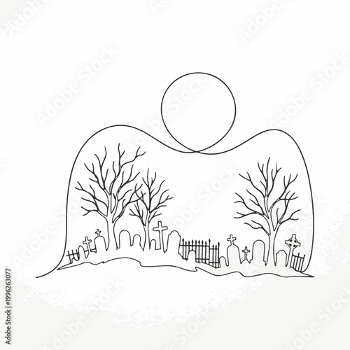 Spooky cemetery with tombstones and bare trees under a full moon. Line art Halloween illustration. Minimalist vector graveyard scene isolated on white background