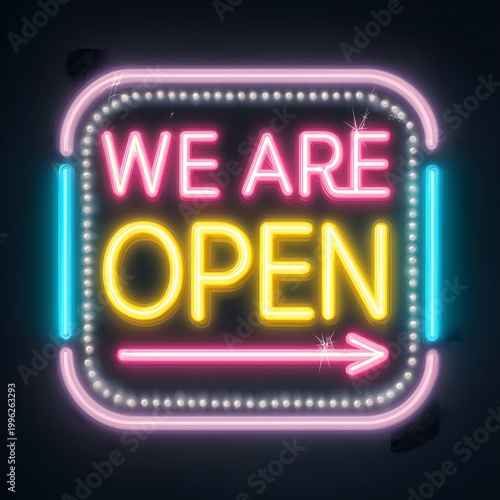 A neon sign displays the words WE ARE OPEN with a directional arrow
