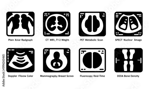 Medical imaging icons set including CT scan MRI Xray and other diagnostic tests  various medical scans and imaging techniques