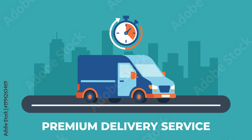 This image features a blue delivery van with a stopwatch, visually representing a premium delivery service focused on speed and efficiency in urban areas.