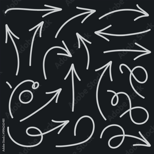Set of hand drawn white outline arrows with various shapes and directions isolated on a dark gray background featuring straight curved looped and spiral pointing symbols for