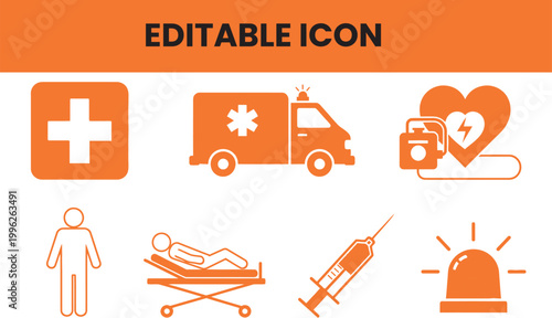 Medical icons set: ambulance, heart monitor, syringe, stretcher, person, first aid