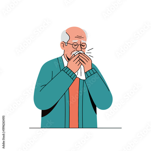 Elderly man sneezing into a tissue. Flat design illustration of a senior person with allergy or cold symptoms. Isolated on white background