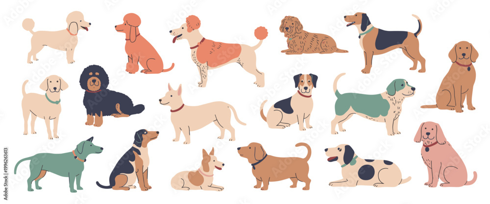 Fototapeta premium Collection of various dog breeds in a flat style featuring different colors and poses including standing sitting and lying down dogs isolated on a white background