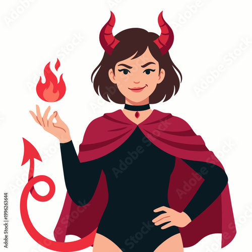 This stylish devil woman with red horns and fire showcases a blend of fantasy and confidence, capturing the essence of playful mischief and alluring power.