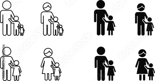 Parent and child icons set showing family care protection guidance and parenting relationship symbols