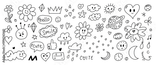 Hand drawn doodle set featuring flowers smiley faces clouds hearts stars planets sun moon thumbs up speech bubbles with text hello smile cute and clocks on a white background in black ink line