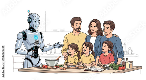 Robot cooking with happy family in kitchen