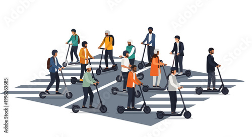 People riding electric scooters on a city crosswalk