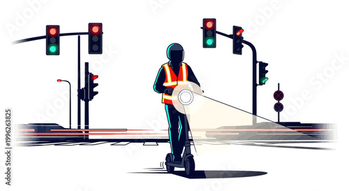 person on scooter at city street with traffic lights