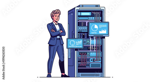 Businessman standing next to server rack with cloud computing symbols