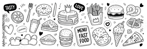Hand drawn doodle set of various fast food including burgers pancakes fries pizza ice cream donut sandwich and drinks with speech bubbles and hearts on a white background