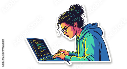 Woman using laptop computer in colorful illustration style