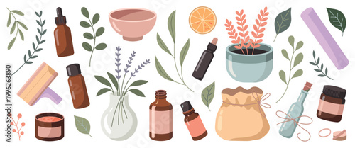 Flat set of spa and wellness including amber glass dropper bottles lavender sprigs in a vase citrus slices ceramic bowls and organic fabric pouches on a white background