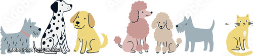 Cartoon vector illustration of six playful animals including five dogs of different breeds and one cat