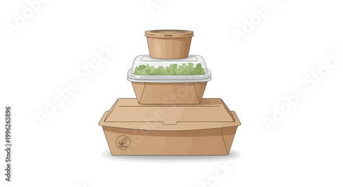 Stack of eco-friendly takeout containers with salad