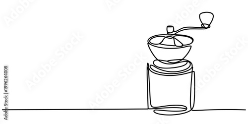 Single line drawing of a vintage coffee grinder with a crank handle and bowl Vector, illustration