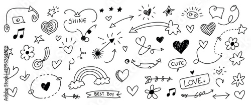 Hand drawn doodle set featuring black ink hearts stars arrows flowers music notes a rainbow and text bubbles with words shine cute and love on a plain white background for scrapbooking and journaling