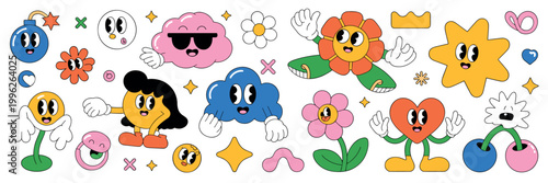 Retro cartoon sticker set featuring a smiling bomb pink cloud wearing sunglasses orange flower character yellow star blue cloud with hands and a red heart character with arms and legs on white