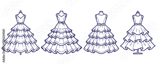 Elegant ruffled ball gowns displayed on mannequins in a fashion collection, showcasing formal evening wear and haute couture designs.