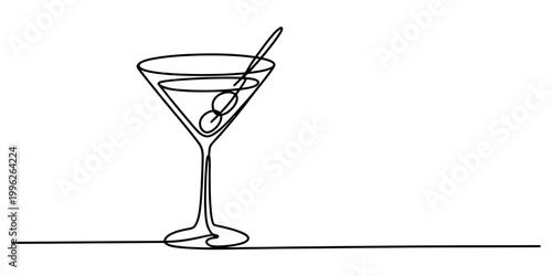 Single line drawing of a martini cocktail with olives and a stirrer Vector, illustration