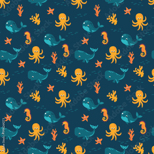 Underwater world seamless background with sea animals. Design for fabric, textile, wallpaper, packaging, for children