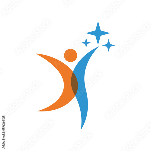Orange blue human figure jumping with stars