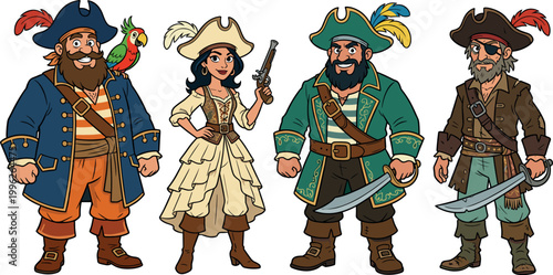Cartoon Pirate Crew Character Set with Diverse Buccaneers in Costumes Holding Weapons and Parrot Companion for Game Design, Animation, and Adventure Storytelling