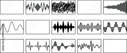 Cartoon vector illustration of assorted waveforms and signal patterns arranged in grid with diverse styles