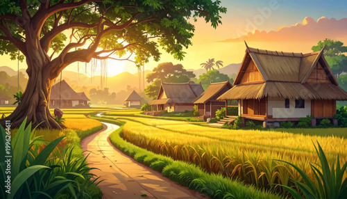Mature canopy overlooking golden paddies, huts, and a sweeping lane. Sunset toned agrarian vista with cottages beneath towering branches. Serene harvest composition featuring winding road