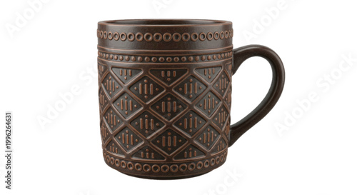 Vector illustration of brown ceramic mug with embossed geometric patterns on a transparent background