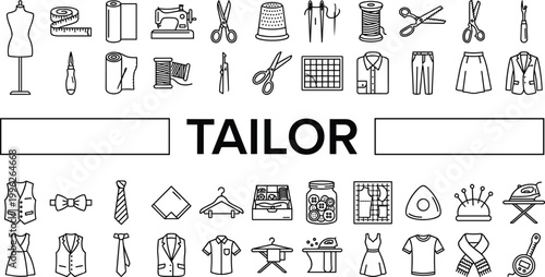 Tailor and sewing icon set featuring clothing design tools stitching equipment garments and fashion tailoring process outline vector collection